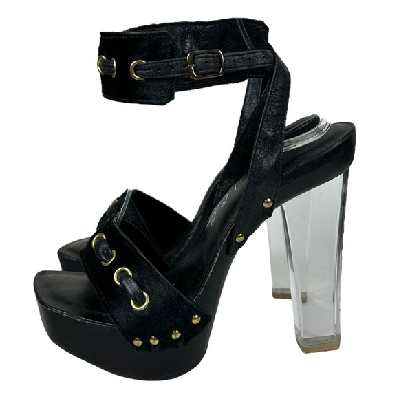David C Couture Pony Hair Wooden Lucite Square Toe Made in USA Platform Heels 7 - Picture 1 of 9